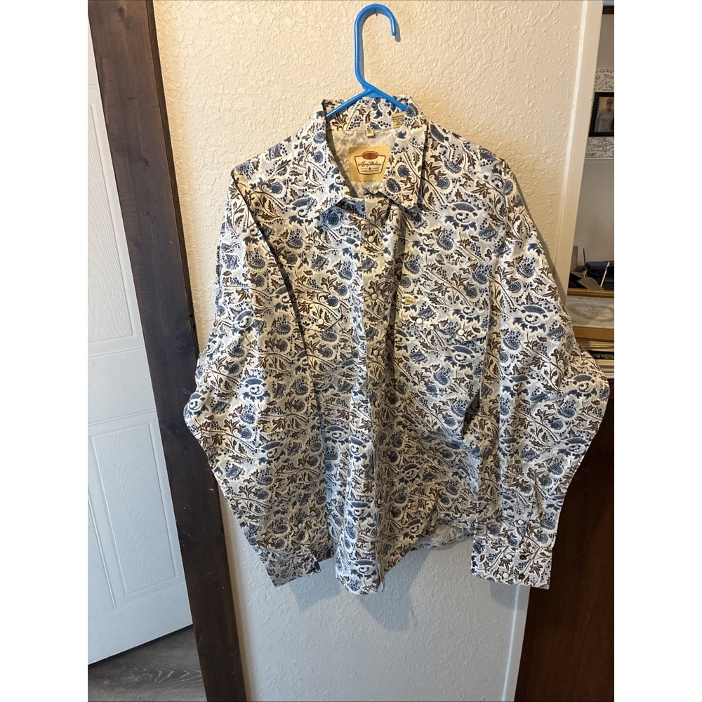 mens larry mahan Western pearl snap 3xl long Sleeve abstract white/blue Starched
